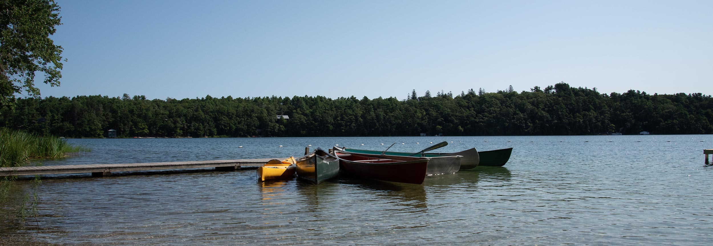 Canoes on the lake at Pinewoods Camp
